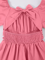Girls' Off-Shoulder Lantern Sleeve Bow Solid Puff Dress T5591OBMTDD