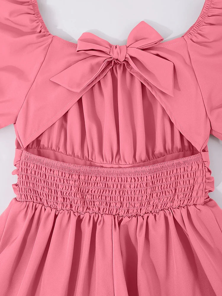 Girls' Off-Shoulder Lantern Sleeve Bow Solid Puff Dress T5591OBMTDD