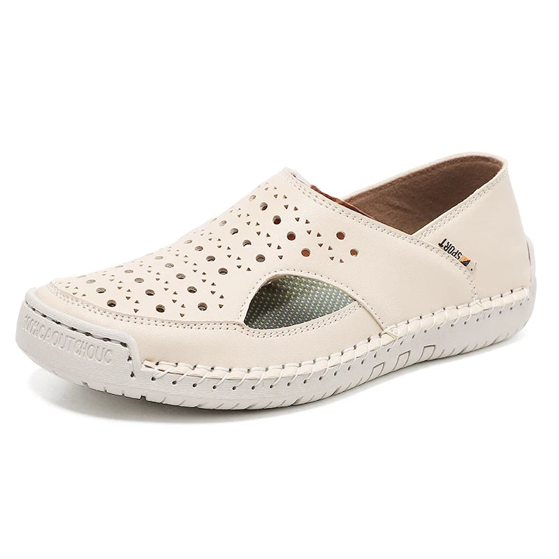 Hand-Sewn Leather Hollow-Out Sandals Unisex Casual Outdoor Walking Shoes