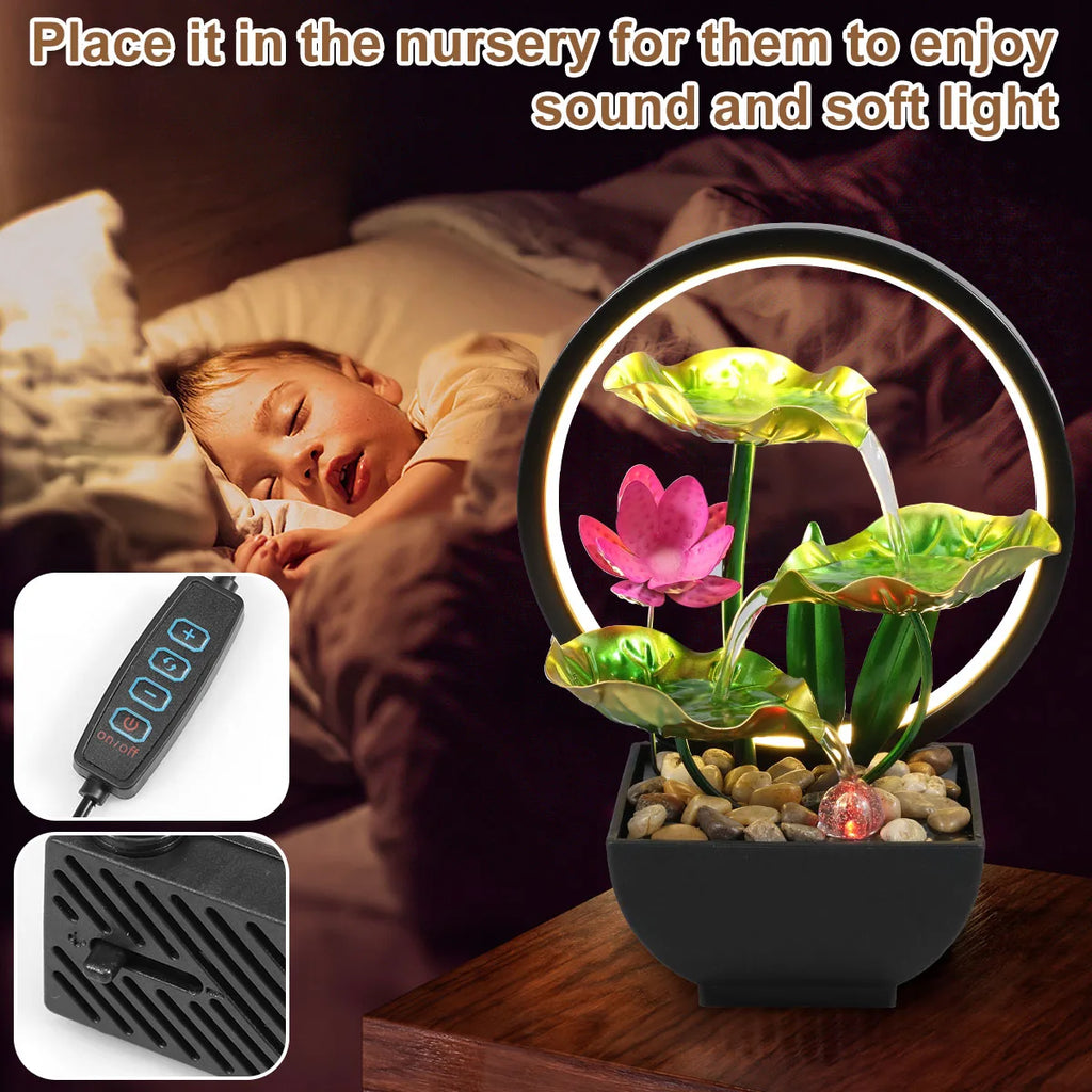 Lotus Leaf Tabletop Water Fountain and LED Light Waterfall