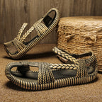 Men's Straw Summer Sandals Buckle Strap Casual Flip-Flops