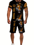 Men's Tiger Print Round Neck T-Shirt and Drawstring Shorts Set