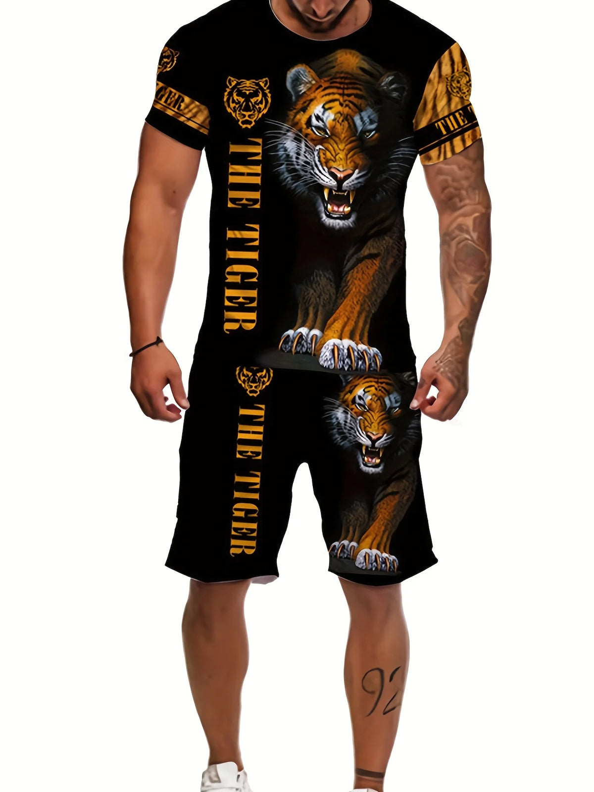 Men's Tiger Print Round Neck T-Shirt and Drawstring Shorts Set