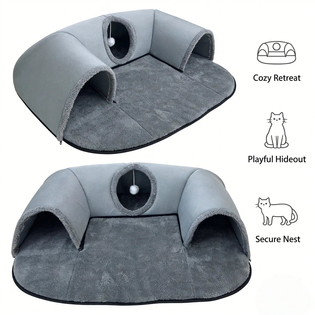 2-in-1 Cat Tunnel Bed with Soft Plush Cushion