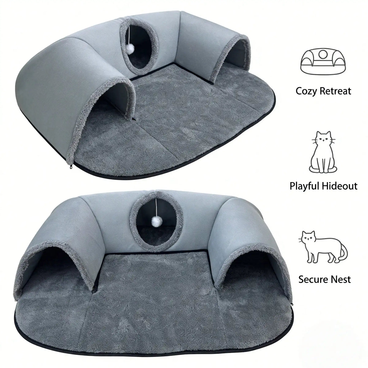 2-in-1 Cat Tunnel Bed with Soft Plush Cushion
