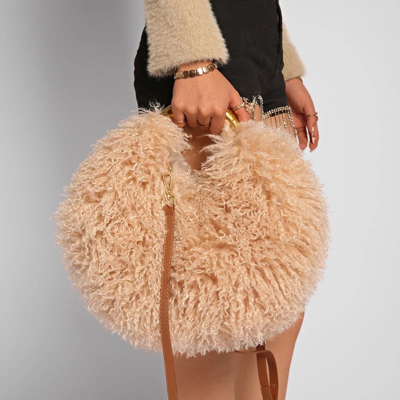 Women's Solid Color Plush Shoulder Bag with Adjustable Strap
