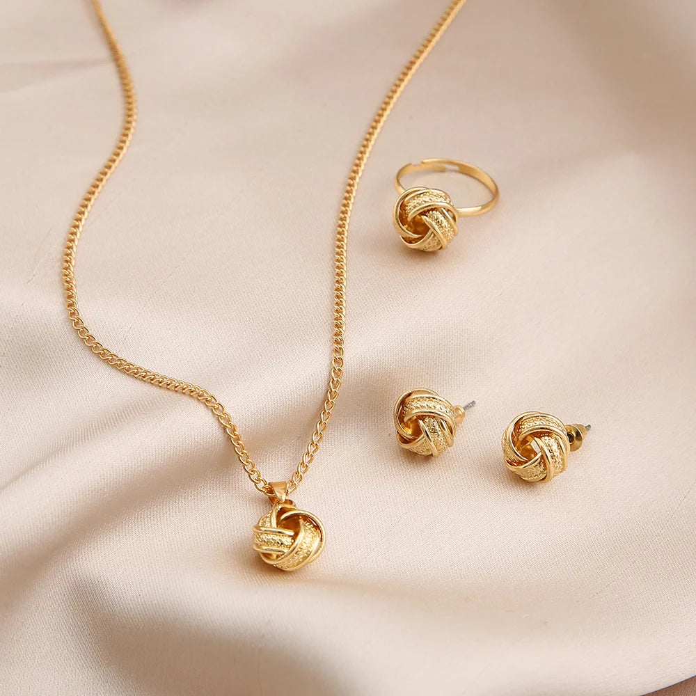 Women's Fashion Vintage Twist Lucky Knot Necklace Earrings Ring Jewelry Set