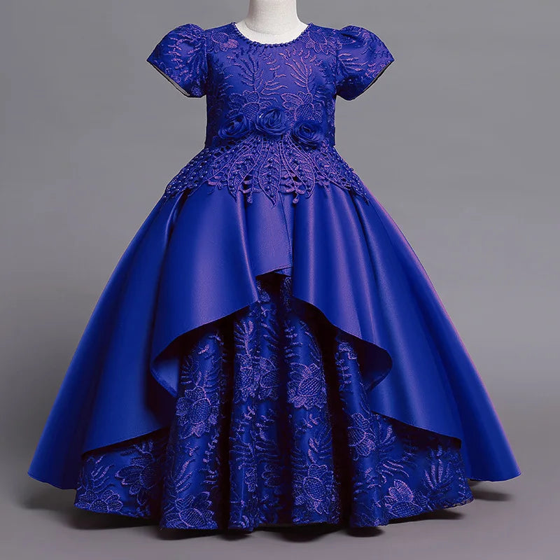 Girls' Floral Embroidery Satin Princess Ball Gown Dress