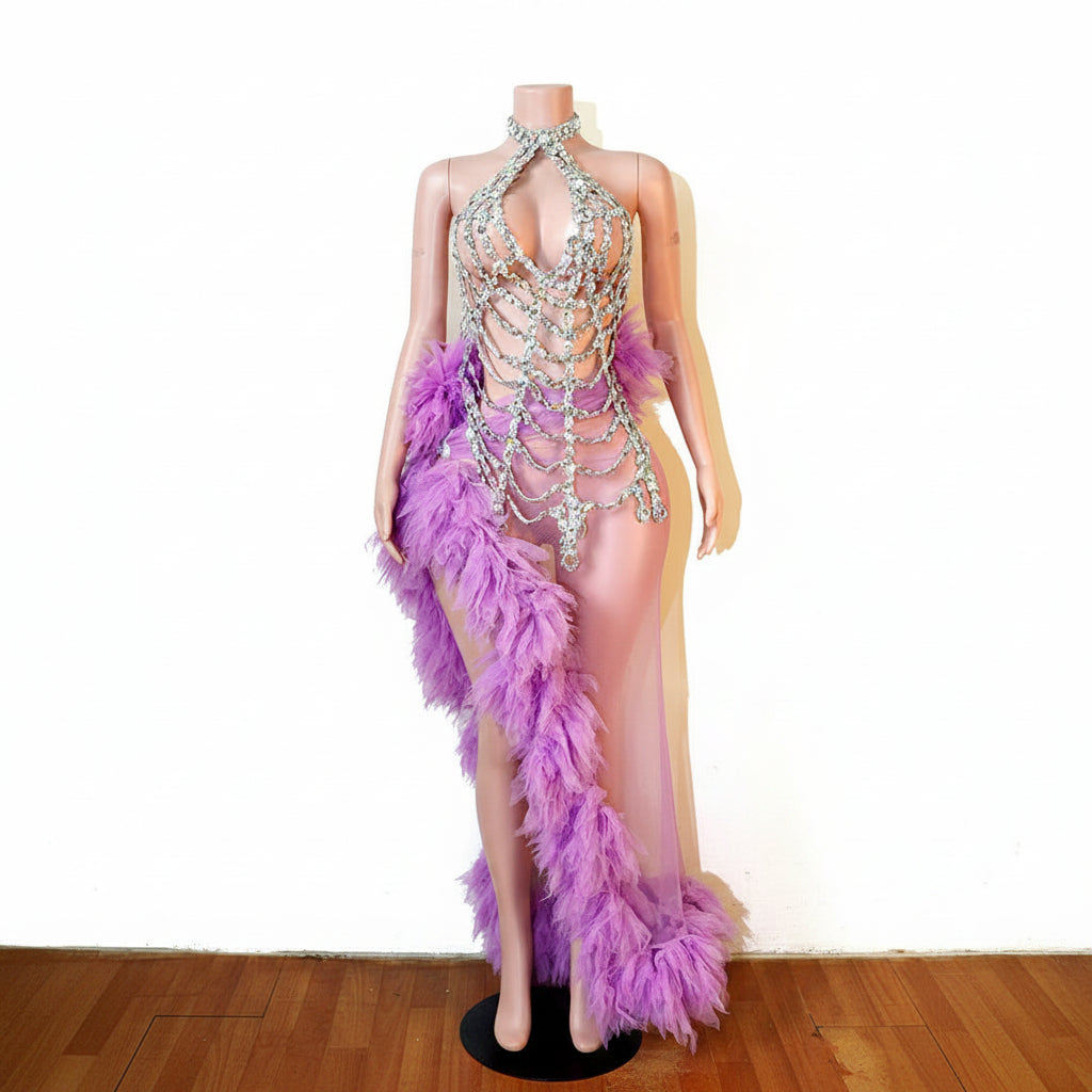 Women's Fashion Purple Spider Web Gauze Halter Two-Piece Performance Dress Set