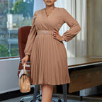 Women's V Neck Pleated Belted Mid Calf Dress