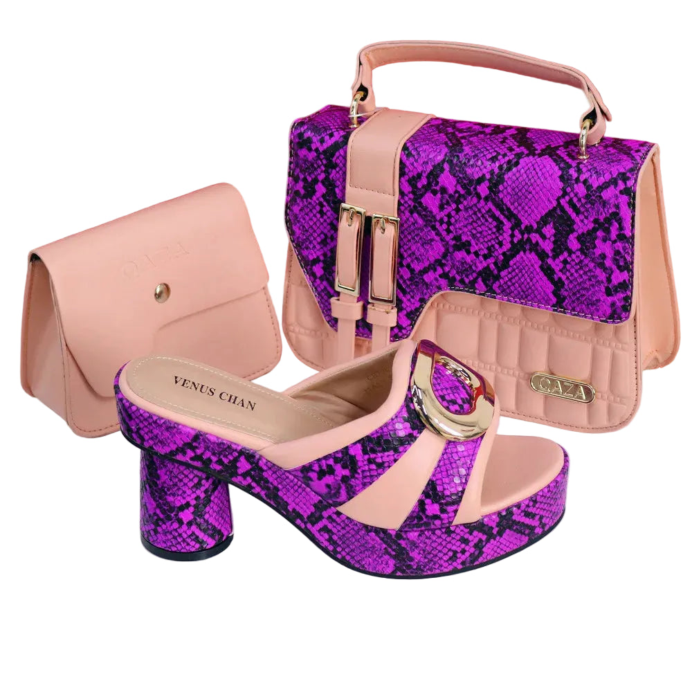 Women's Rhinestone Round Toe Thin Heels and Handbag Set