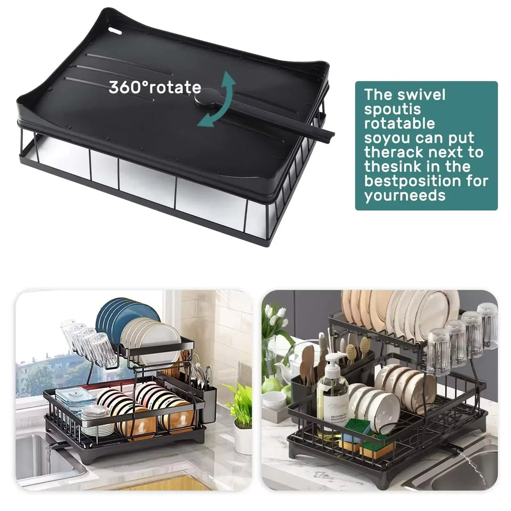 2-Tier Kitchen Dish Drying Rack with Swivel Spout Drip Tray