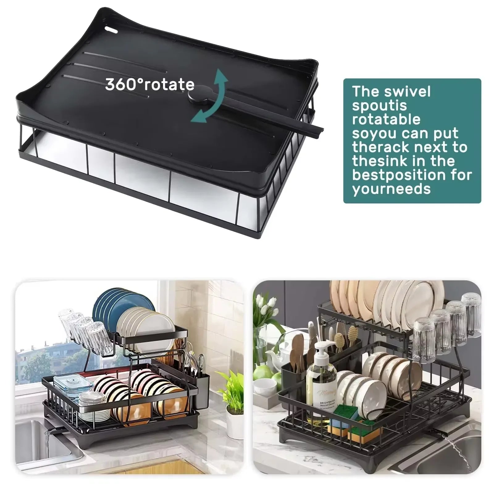 2-Tier Kitchen Dish Drying Rack with Swivel Spout Drip Tray