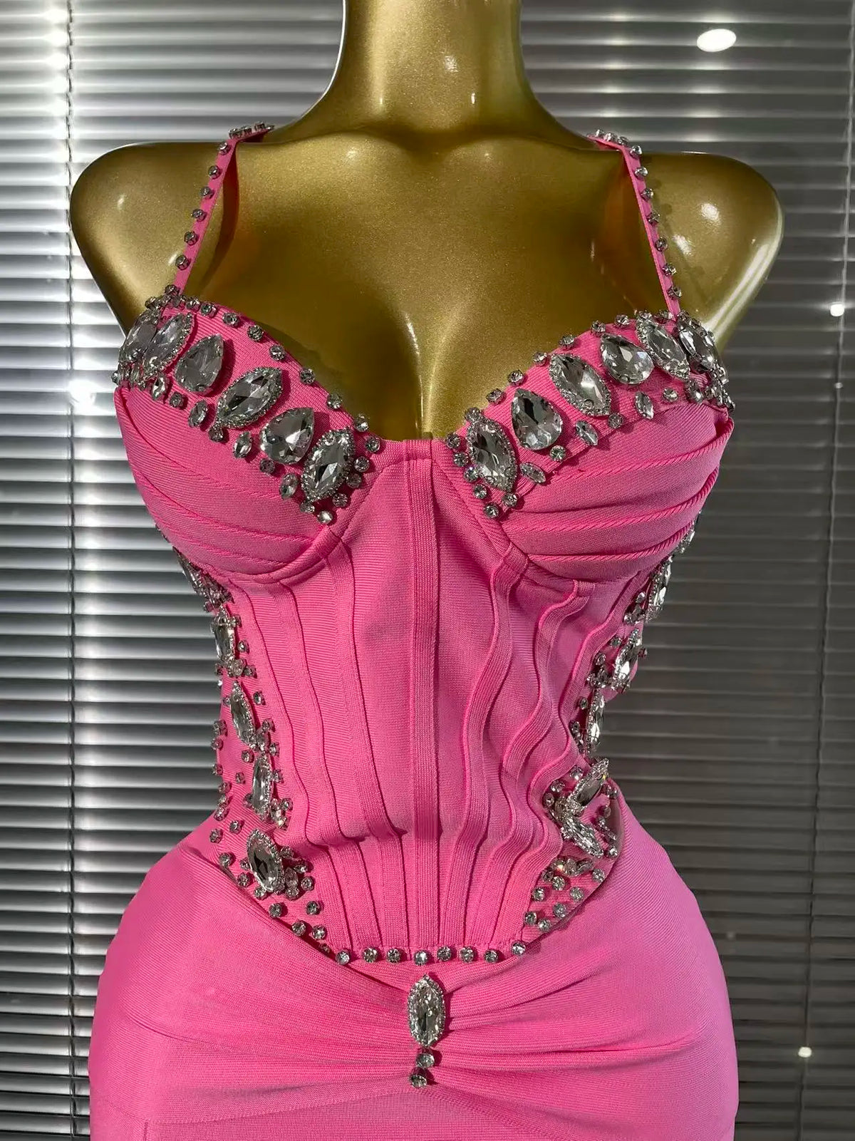 Women's Sexy Spaghetti Strap Rhinestone Pink Bandage Maxi Dress