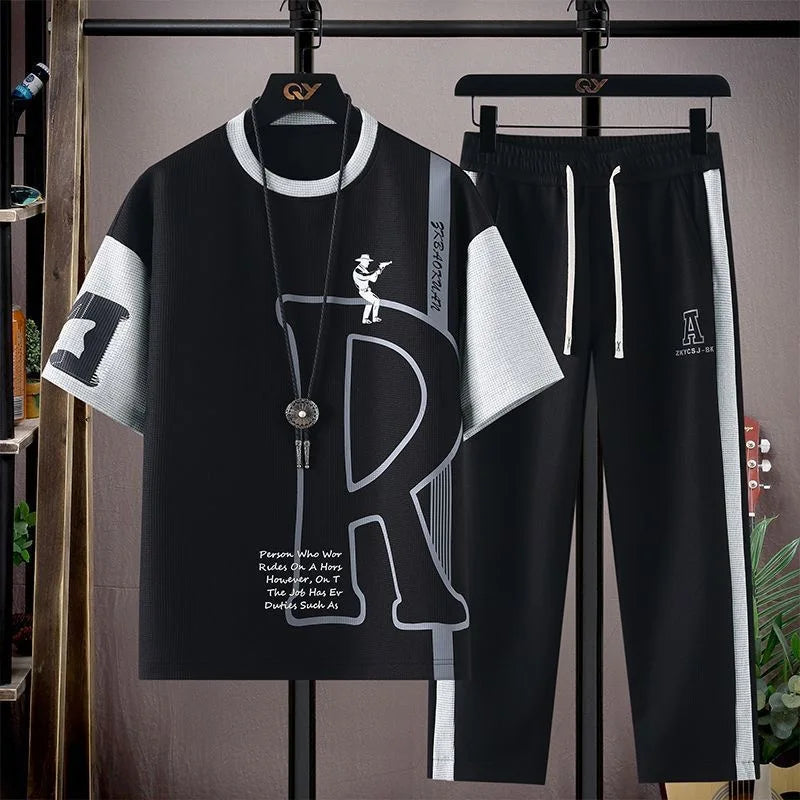 Men's Casual Printed Short Sleeve T-Shirt and Shorts Two Piece Set