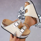 Women's Pearl Rhinestone Wedge Platform Sandals and Slides