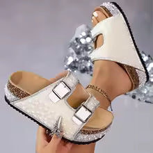 Women's Pearl Rhinestone Wedge Platform Sandals and Slides