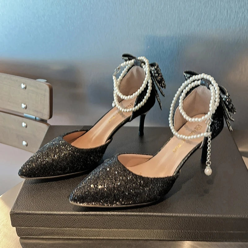 UETEEY Women's Elegant Sequin Bow Pointy Toe High Heels