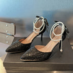 UETEEY Women's Elegant Sequin Bow Pointy Toe High Heels