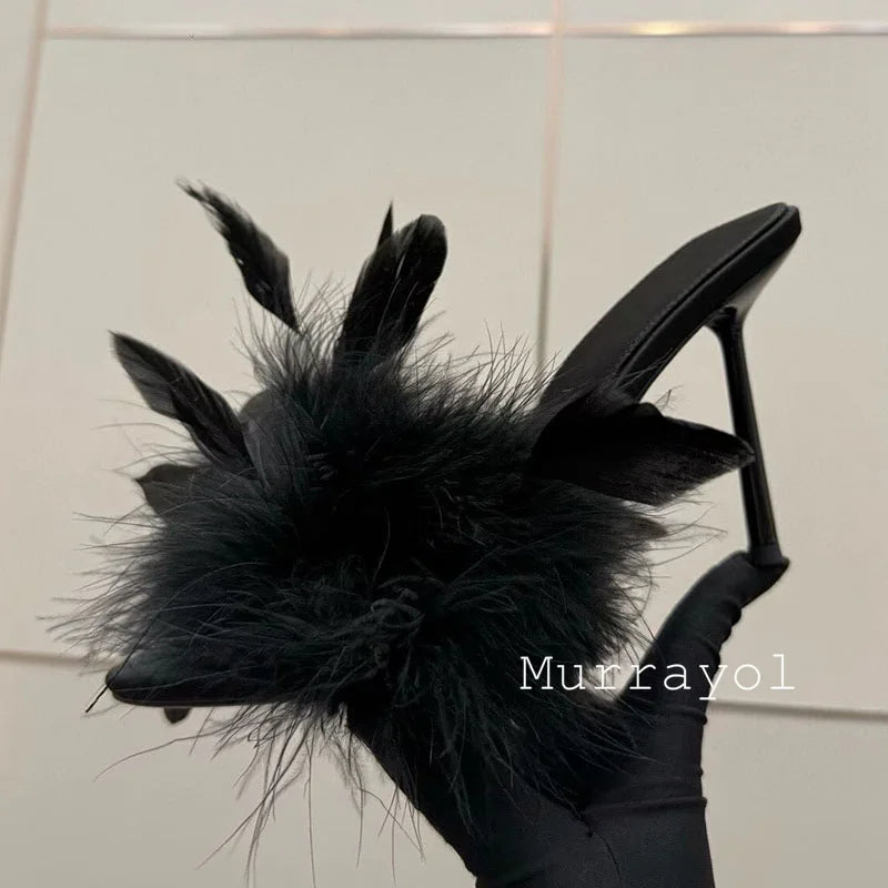 Women's Feather Embellished Split Toe Thin High Heel Sandals