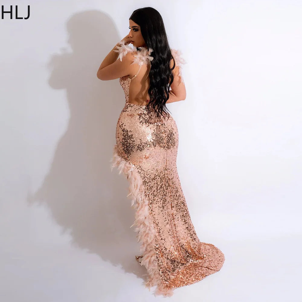 Women's Sequined Feather High Slit Backless Maxi Dress