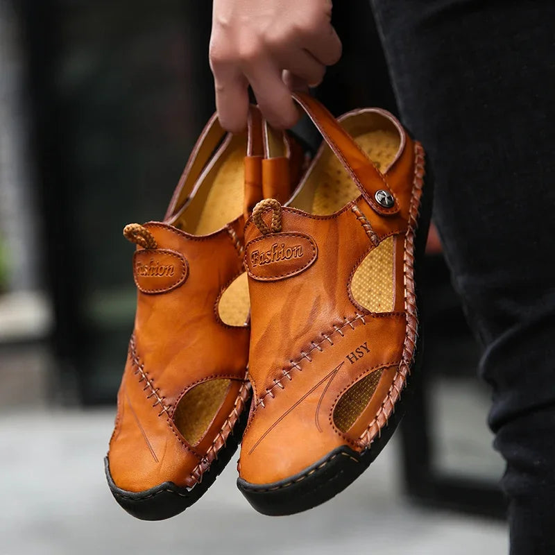 Yeinshaars Men's Casual Sandals Genuine Leather Non-Slip Flat Heel