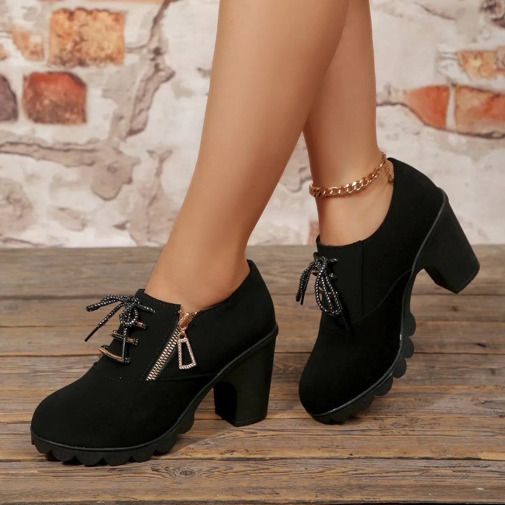 Women's Side-Zip Round Toe High Heel Boots