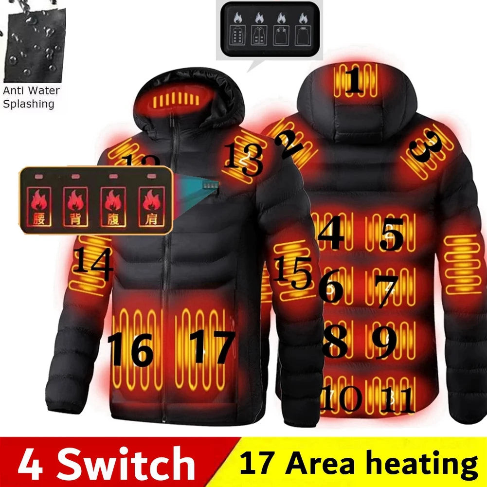 Men's Warm USB Electric Heated Hooded Winter Parka Coat 12