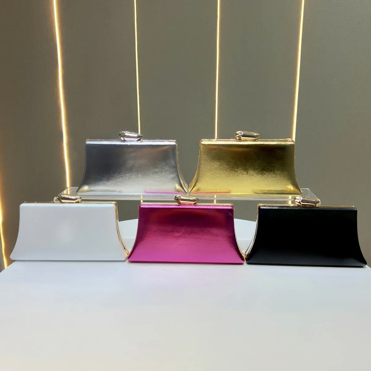 Women's Metallic Trapezoid Evening Clutch Bag with Gold Clasp