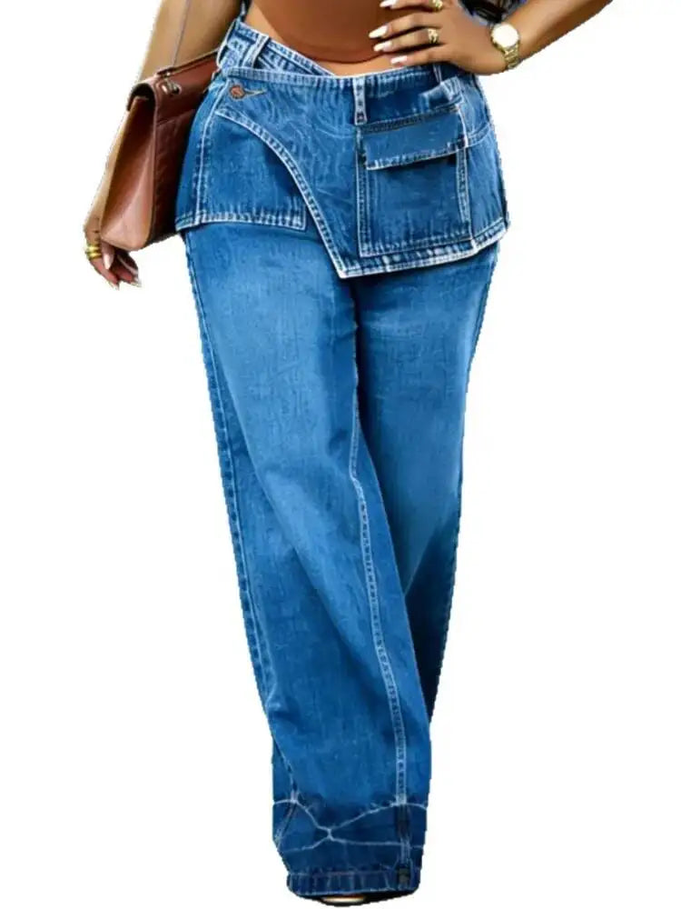 Women's Wide Leg Jeans High Waist Layered Denim Pants Blue