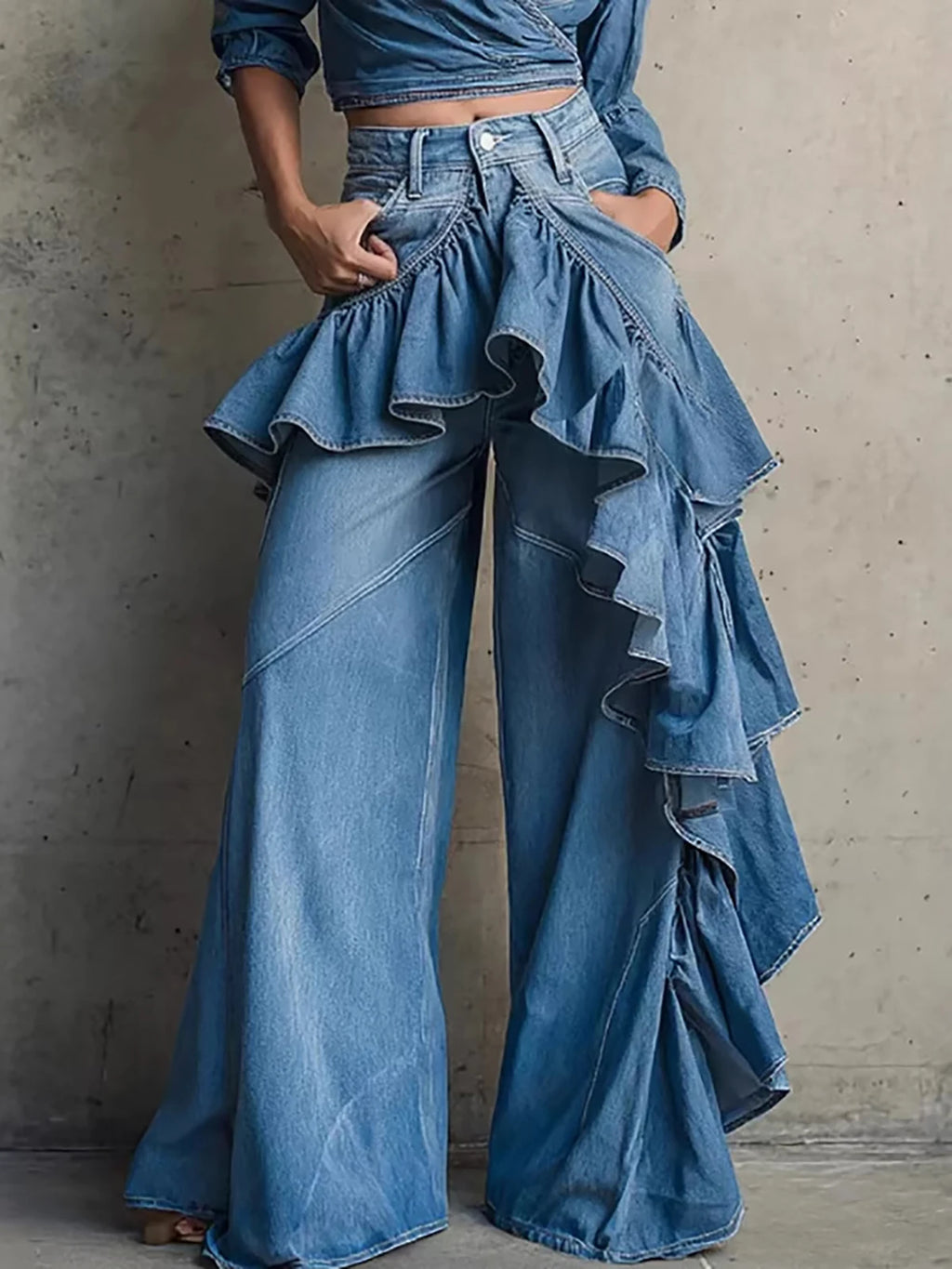 Women's Ruffle Fringe Wide Leg Denim Jeans