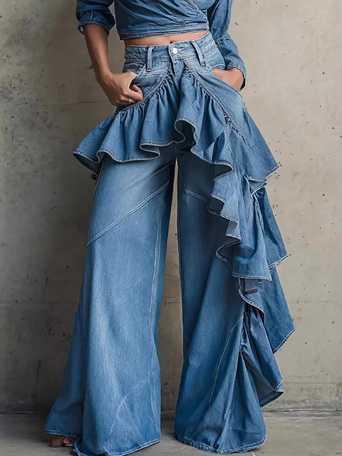 Women's Ruffle Fringe Wide Leg Denim Jeans