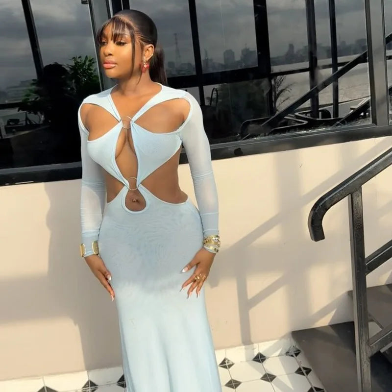 Women's Sexy Hollow Out Backless Gauze Long Sleeve Maxi Dress