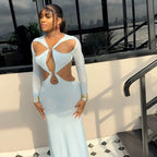 Women's Sexy Hollow Out Backless Gauze Long Sleeve Maxi Dress