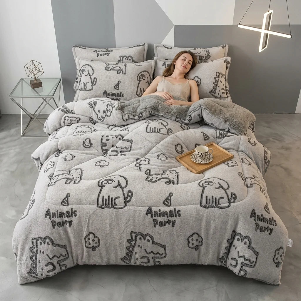 Floral Quilted Comforter and Thickened Lamb Fleece Blanket