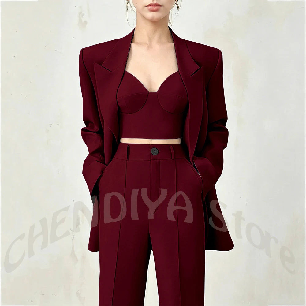 Women's Single Button Tailored Blazer and Pants Suit Set