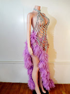 Women's Fashion Purple Spider Web Gauze Halter Two-Piece Performance Dress Set