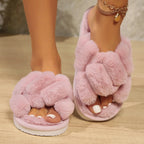 Women's Cross Strap Fluffy Slippers Open-Toed Plush Fur Home Slides