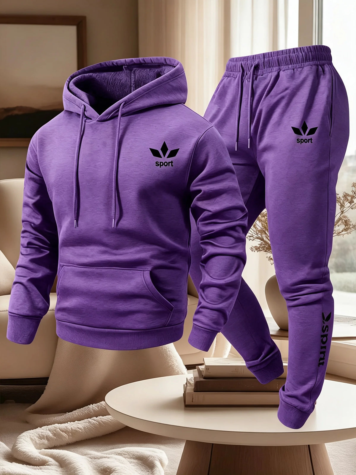 Men's Warm Fleece Lined Printed Hoodie and Jogger Pants Tracksuit Set