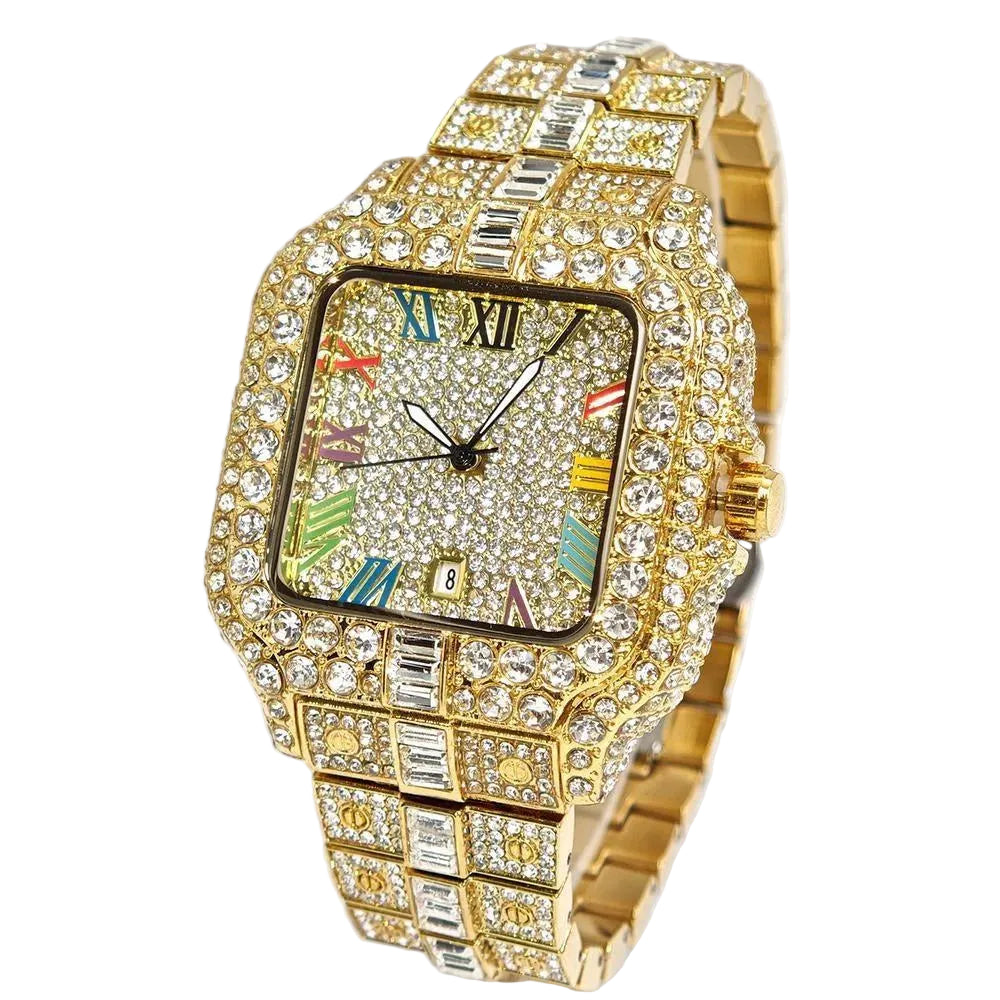 DITALING Men's Hip Hop Square Quartz Watch Stainless Steel 1.7in