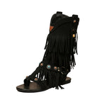 Women's Suede Tassel Thong Sandals Flat Bohemian Fringe Shoes