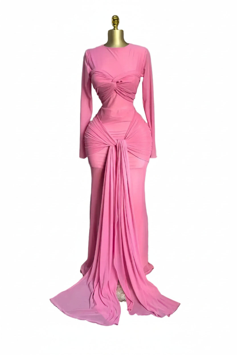 Women's Mesh See-Through Long Sleeve Maxi Dress with Bowknot