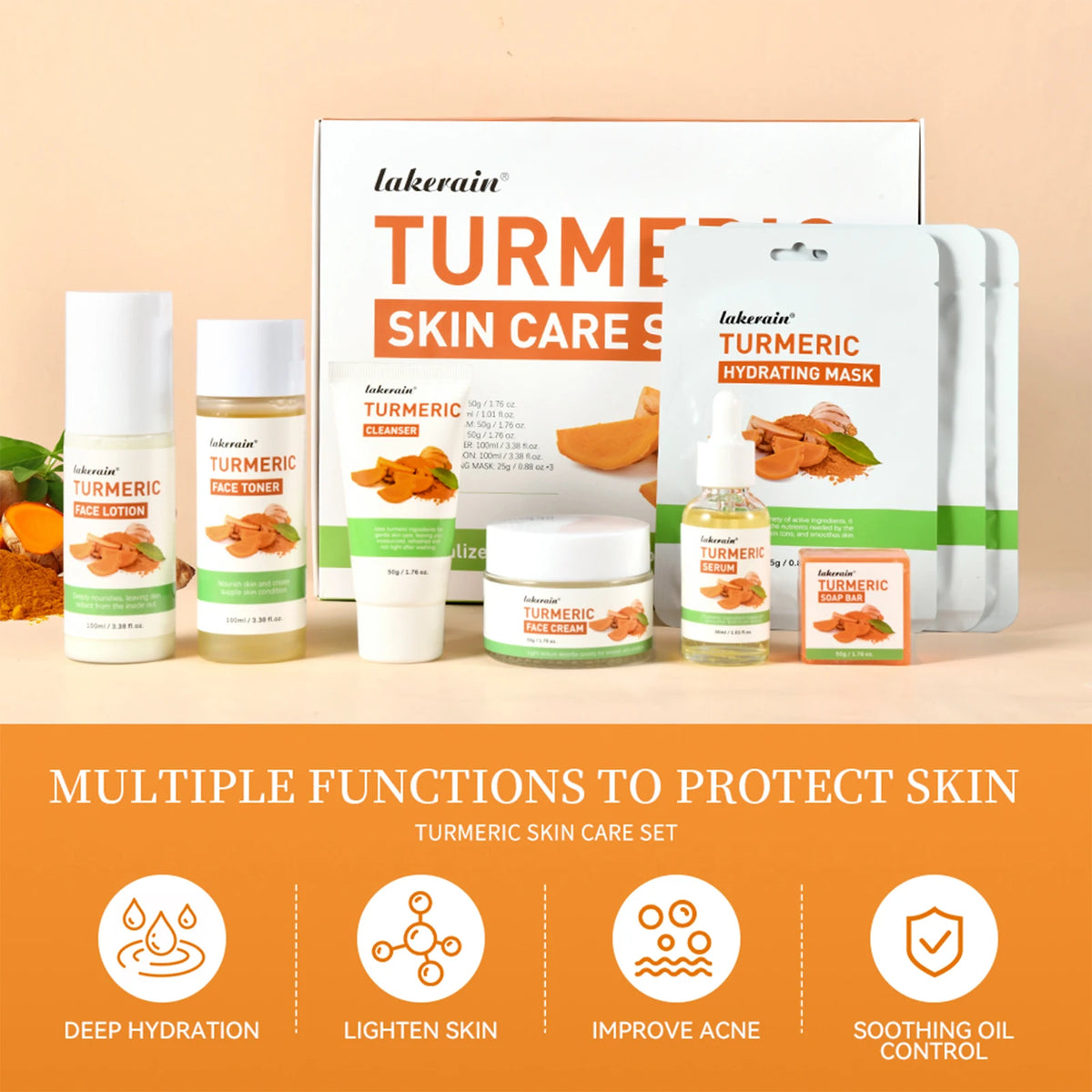 Turmeric Facial Skincare Set 7-Piece Acne Clearing Treatment Kit