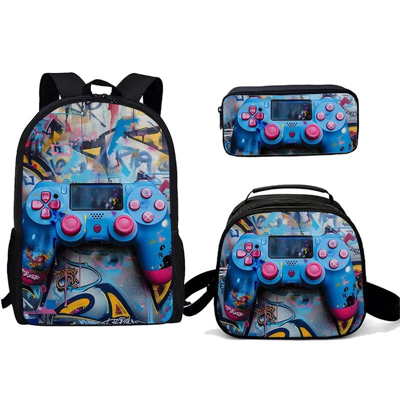 Unisex Gaming Controller 3D Print Backpack 3-Piece Bag Set
