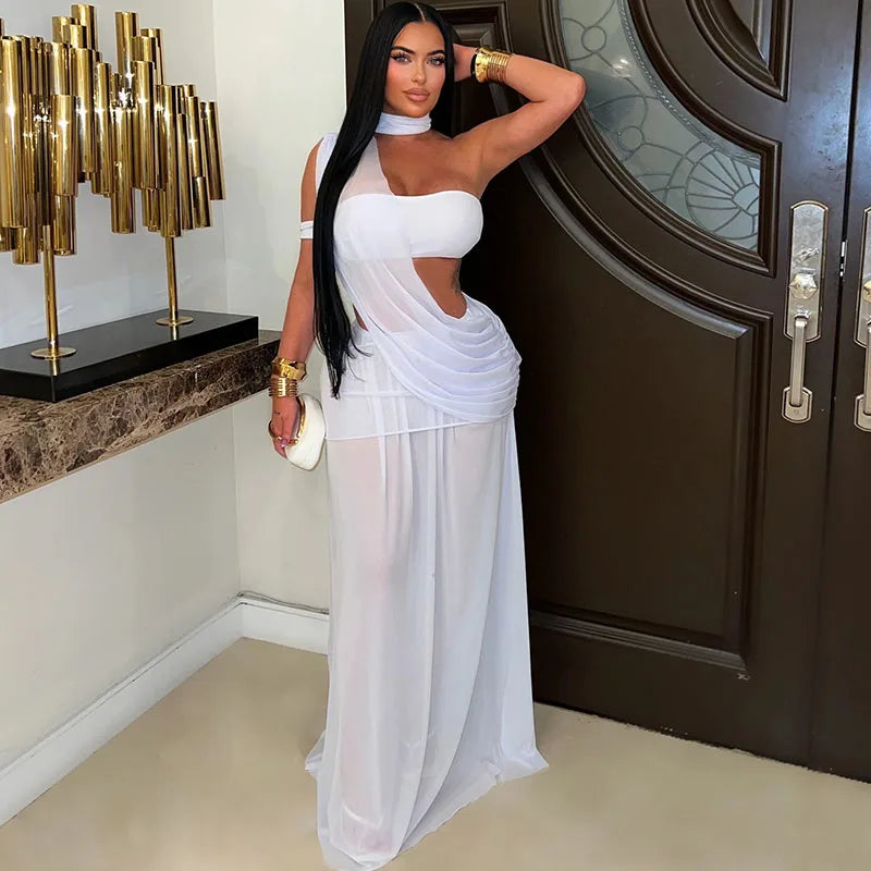 Women's Sexy Sheer Mesh Halter Ruched Floor-Length Maxi Dress