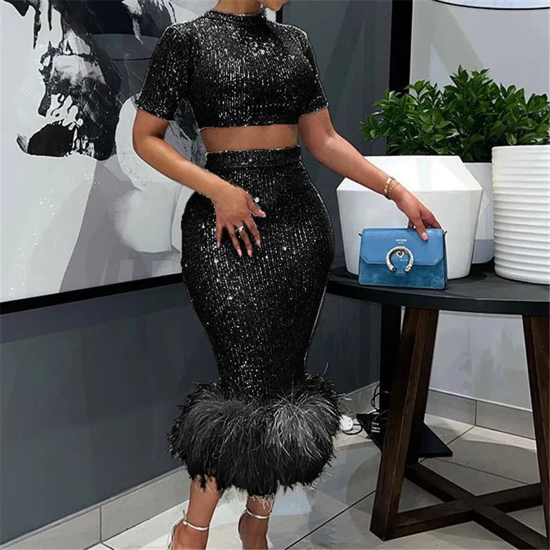 Women's Sequins Glitter Feather Crop Top and Skirt Two Piece Set