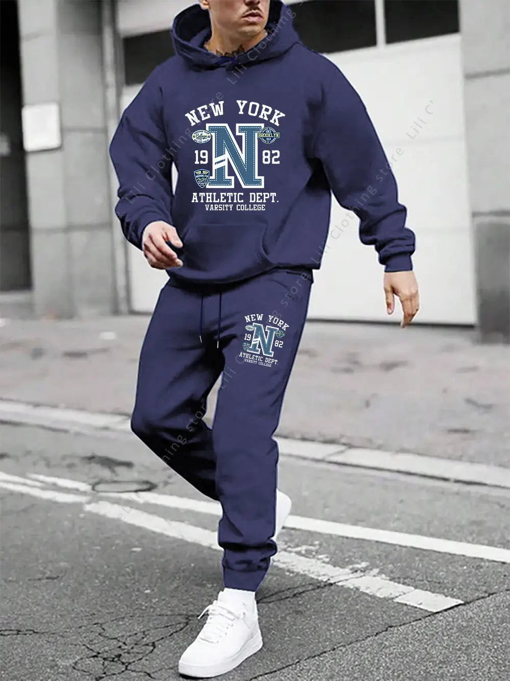 Men's Casual Gothic Letter Print Hoodie and Pants Two Piece Tracksuit Set