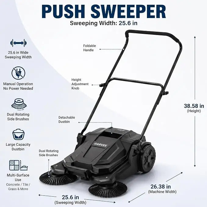 Walk-Behind Hand Push Floor Sweeper and Manual Yard Cleaner