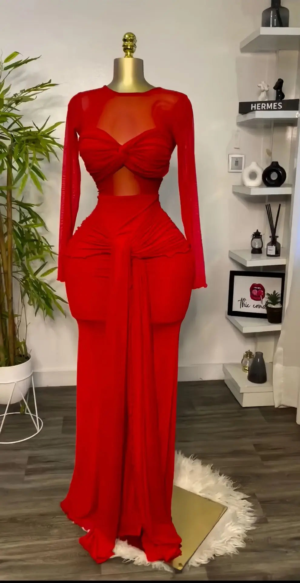 Women's Mesh See-Through Long Sleeve Maxi Dress with Bowknot