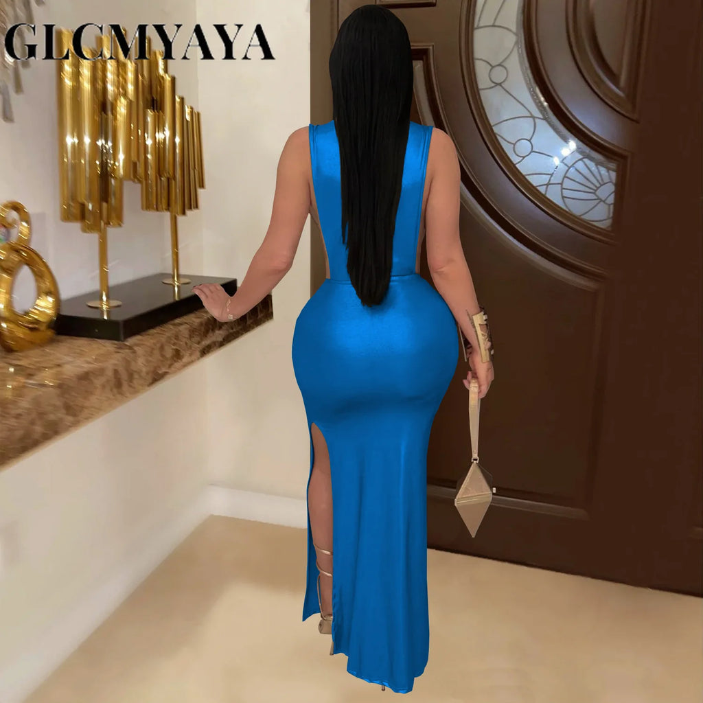 Women's Sexy Gilding Sleeveless Cutout Bodycon Maxi Dress